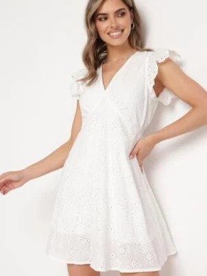 Zdjęcie produktu Biała Sukienka z Bawełny o Haftowanym Wykończeniu i Rozkloszowanym Kroju Laveria