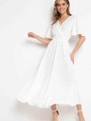 Zdjęcie produktu Biała Sukienka z Rozkloszowanymi Rękawami Gumką w Pasie i Wiązaniem na Plecach Larielle