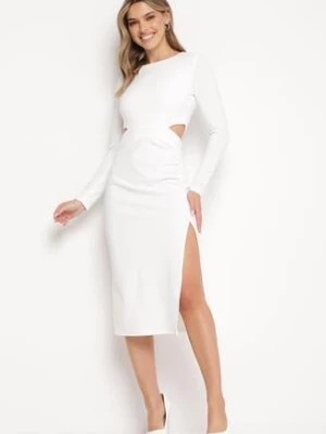 Zdjęcie produktu Biała Taliowana Sukienka z Wycięciami w Talii i Rozcięciem na Dole Larnnie