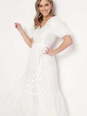 Zdjęcie produktu Biała Tiulowa Sukienka Maxi z Paskiem Falbankami i Bufiastymi Rękawami Zelari