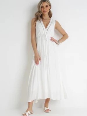 Zdjęcie produktu Biała Wiskozowa Sukienka Maxi z Gumką w Pasie i Ozdobnym Dekoltem Nashira