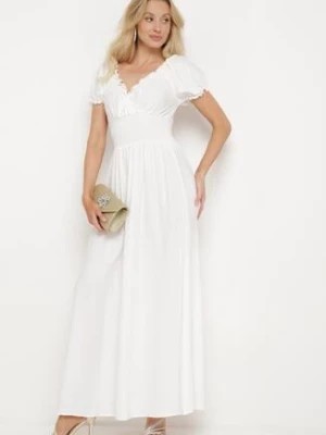 Zdjęcie produktu Biała Wiskozowa Sukienka z Gumką w Pasie i Trójkątnym Dekoltem Quneri