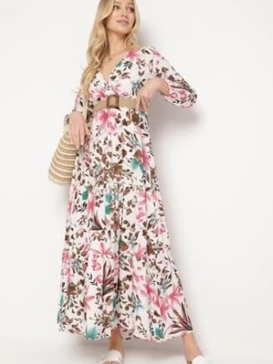 Zdjęcie produktu Biało-Różowa Wiskozowa Sukienka z Kopertowym Dekoltem i Falbanką Nrinesa