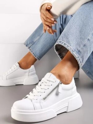 Zdjęcie produktu Białe Skórzane Sneakersy na Platformie z Ozdobnym Suwakiem z Boku Leomiana