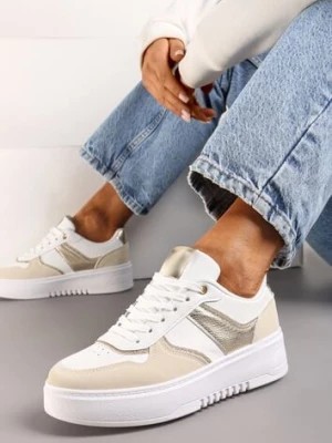 Zdjęcie produktu Biało-Beżowe Sneakersy na Platformie z Brokatowymi Akcentami Sellona