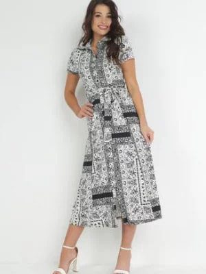 Zdjęcie produktu Biało-Czarna Koszulowa Sukienka Wzorzysta z Wiązanym Paskiem Titarissa