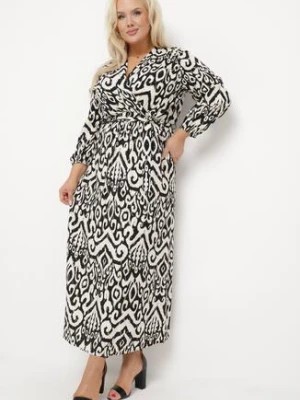 Zdjęcie produktu Biało-Czarna Sukienka z Wiskozy z Wiązanym Paskiem Ozdobiona Ornamentalnym Błyszczącym Wzorem Eosia