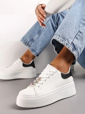 Zdjęcie produktu Biało-Czarne Sneakersy z Cyrkoniami na Sznurówkach z Platformą Nomiji