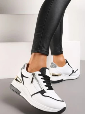 Zdjęcie produktu Biało-Czarne Sneakersy z Metaliczną i Brokatową Wstawką na Koturnie Neomalle