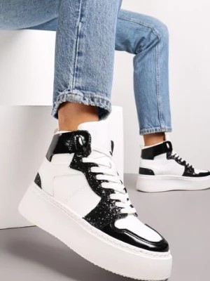Zdjęcie produktu Biało-Czarne Sznurowane Sneakersy za Kostkę z Brokatem i Metalicznymi Wstawkami Sareena