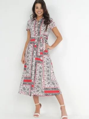Zdjęcie produktu Biało-Czerwona Koszulowa Sukienka Wzorzysta z Wiązanym Paskiem Titarissa