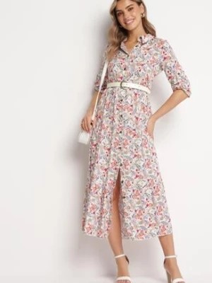 Zdjęcie produktu Biało-Czerwona Kwiatowa Sukienka Maxi z Bawełny w Koszulowym Stylu Memorfa