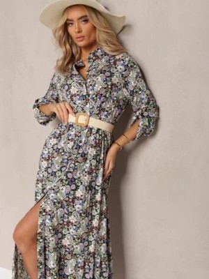 Zdjęcie produktu Biało-Fioletowa Bawełniana Sukienka Maxi o Rozkloszowanym Fasonie w Kwiaty Oklevia
