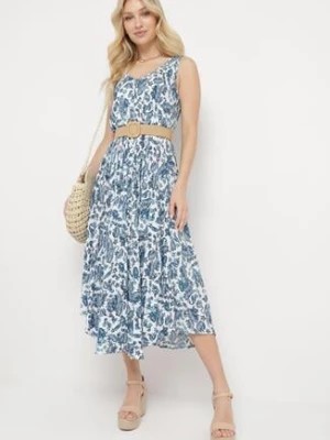 Zdjęcie produktu Biało-Niebieska Sukienka z Wzorem Paisley i Rozkloszowanym Dołem Biamira