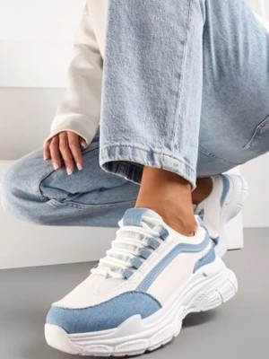 Zdjęcie produktu Biało-Niebieskie Casualowe Sneakersy z Ekoskóry z Ozdobnymi Wstawkami i Sznurowaniem Melindia
