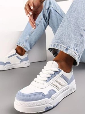 Zdjęcie produktu Biało-Niebieskie Sneakersy przed Kostkę na Grubej Podeszwie Sylverisa