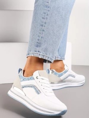 Zdjęcie produktu Biało-Niebieskie Sznurowane Sneakersy na Grubej Podeszwie z Cekinami i Brokatem Zallie