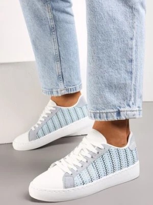 Zdjęcie produktu Biało-Niebieskie Sznurowane Sneakersy z Materiałową Wstawką i Okrągłym Noskiem Bowlie