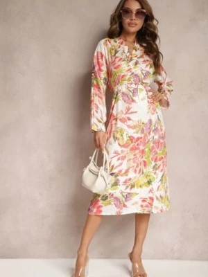 Zdjęcie produktu Biało-Różowa Kopertowa Sukienka z Kwiecistym Printem Aleratoa