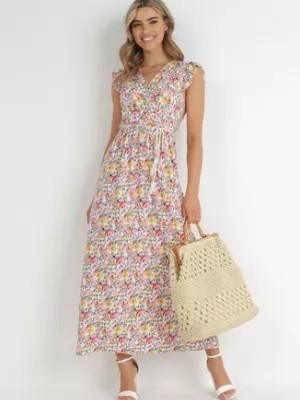 Zdjęcie produktu Biało-Różowa Sukienka Maxi z Kopertowym Dekoltem i Gumką w Pasie Ulle