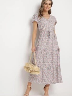 Zdjęcie produktu Biało-Różowa Sukienka z Wiskozy z Krótkim Rękawem i Ściągaczami w Talii Amatellia