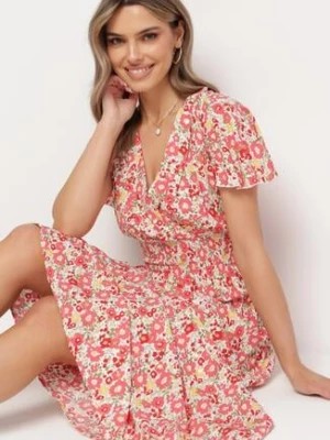 Zdjęcie produktu Biało-Różowa Wiskozowa Sukienka Maxi w Kwiaty Rozkloszowana z Kopertowym Dekoltem Monilia