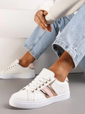 Zdjęcie produktu Biało-Różowe Casualowe Sneakersy z Brokatem i Metalicznym Zdobieniem Tidalis