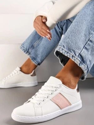 Zdjęcie produktu Biało-Różowe Sneakersy Sznurowane Ozdobione Brokatem Vistasta