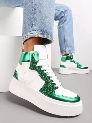 Zdjęcie produktu Biało-Zielone Sznurowane Sneakersy za Kostkę z Brokatem i Metalicznymi Wstawkami Sareena