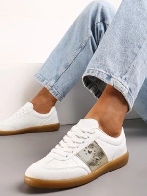 Zdjęcie produktu Biało-Złote Sneakersy na Płaskiej Podeszwie z Wiązaniem i Ozdobną Wstawką Drukesti