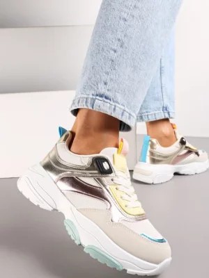 Zdjęcie produktu Biało-Złote Sneakersy z Metalicznymi Wstawkami na Grubej Podeszwie Tahara