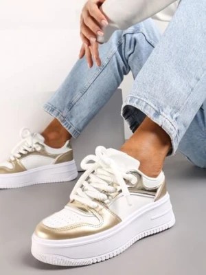 Zdjęcie produktu Biało-Złote Sznurowane Sneakersy na Platformie z Metalicznymi Wstawkami Arileva