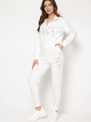 Zdjęcie produktu Biały Komplet Ozdobiony Napisem z Nadrukiem Bluza i Spodnie Junivea