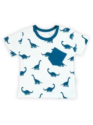 Zdjęcie produktu Biały t-shirt chopięcy bawełniany z kieszonką- niebieskie dinozaury Nicol