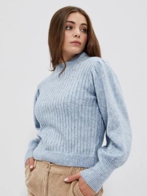 Zdjęcie produktu Błękitny sweter damski w prążki z bufiastymi rękawami Moodo