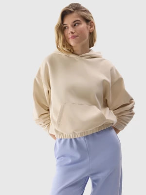 Zdjęcie produktu Bluza dresowa nierozpinana z kapturem z bawełną organiczną damska - kremowa 4F