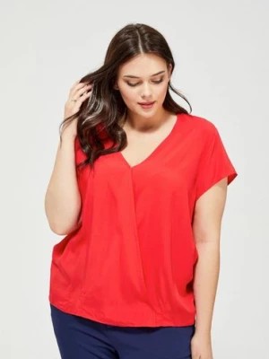 Zdjęcie produktu Bluzka damska koszulowa na krótki rękaw kopertowy dekolt czerwona Moodo