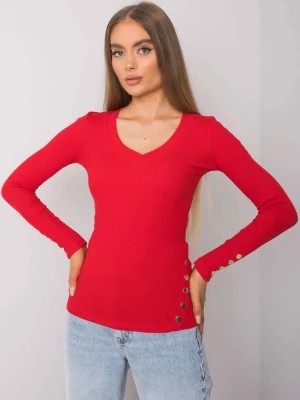 Zdjęcie produktu Bluzka longsleeves czerwony casual dopasowana dekolt w kształcie V rękaw długi guziki materiał prążkowany Merg