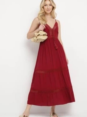 Zdjęcie produktu Bordowa Bawełniana Sukienka Maxi na Ramiączkach o Rozkloszowanym Fasonie Vitarepa
