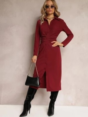 Zdjęcie produktu Bordowa Sukienka Koszulowa z Marszczeniem Zegera