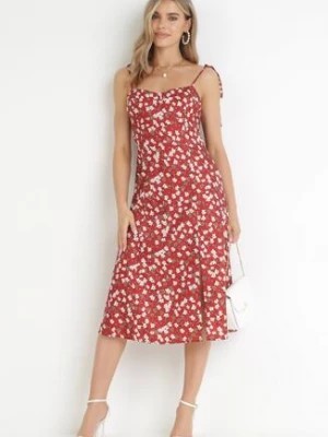 Zdjęcie produktu Bordowa Sukienka Midi na Cienkich Ramiączkach z Rozcięciem w Kwiaty Catherin