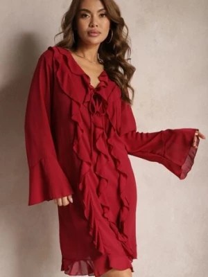 Zdjęcie produktu Bordowa Sukienka z Rozkloszowanymi Rękawami Wiązaniem Przy Dekolcie i Falbankami Honoris