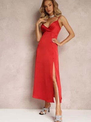 Zdjęcie produktu Czerwona Taliowana Sukienka Maxi na Cienkich Ramiączkach z Rozcięciem Samiksa
