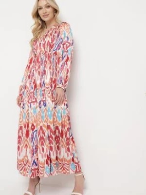 Zdjęcie produktu Bordowo-Beżowa Sukienka Maxi z Wzorem Etno i Gumką w Talii Junimiza