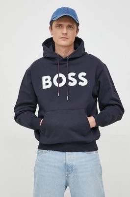 Zdjęcie produktu BOSS bluza bawełniana męska kolor niebieski z kapturem z nadrukiem