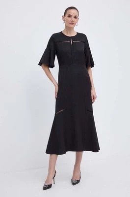 Zdjęcie produktu BOSS sukienka z domieszką lnu kolor czarny midi rozkloszowana 50512807