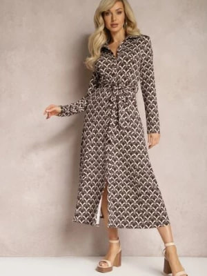 Zdjęcie produktu Brązowa Koszulowa Sukienka Midi Ozdobiona Geometrycznym Wzorem i Wiązanym Paskiem Aripel