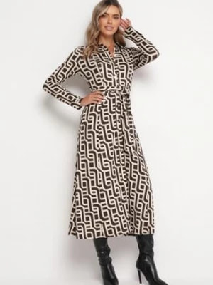 Zdjęcie produktu Brązowa Koszulowa Sukienka Midi w Geometryczny Wzór z Wiązanym Paskiem Gelama