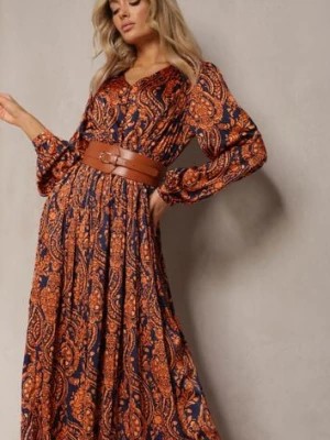 Zdjęcie produktu Brązowa Rozkloszowana Sukienka z Gumką w Talii i Plisami z Ornamentalnym Printem Juvana