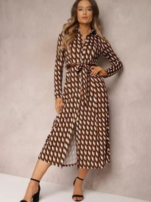 Zdjęcie produktu Brązowa Sukienka Koszulowa w Geometryczny Wzór Fendwe